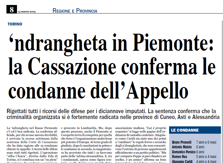 ‘ndrangheta in Piemonte, la Cassazione conferma le condanne
